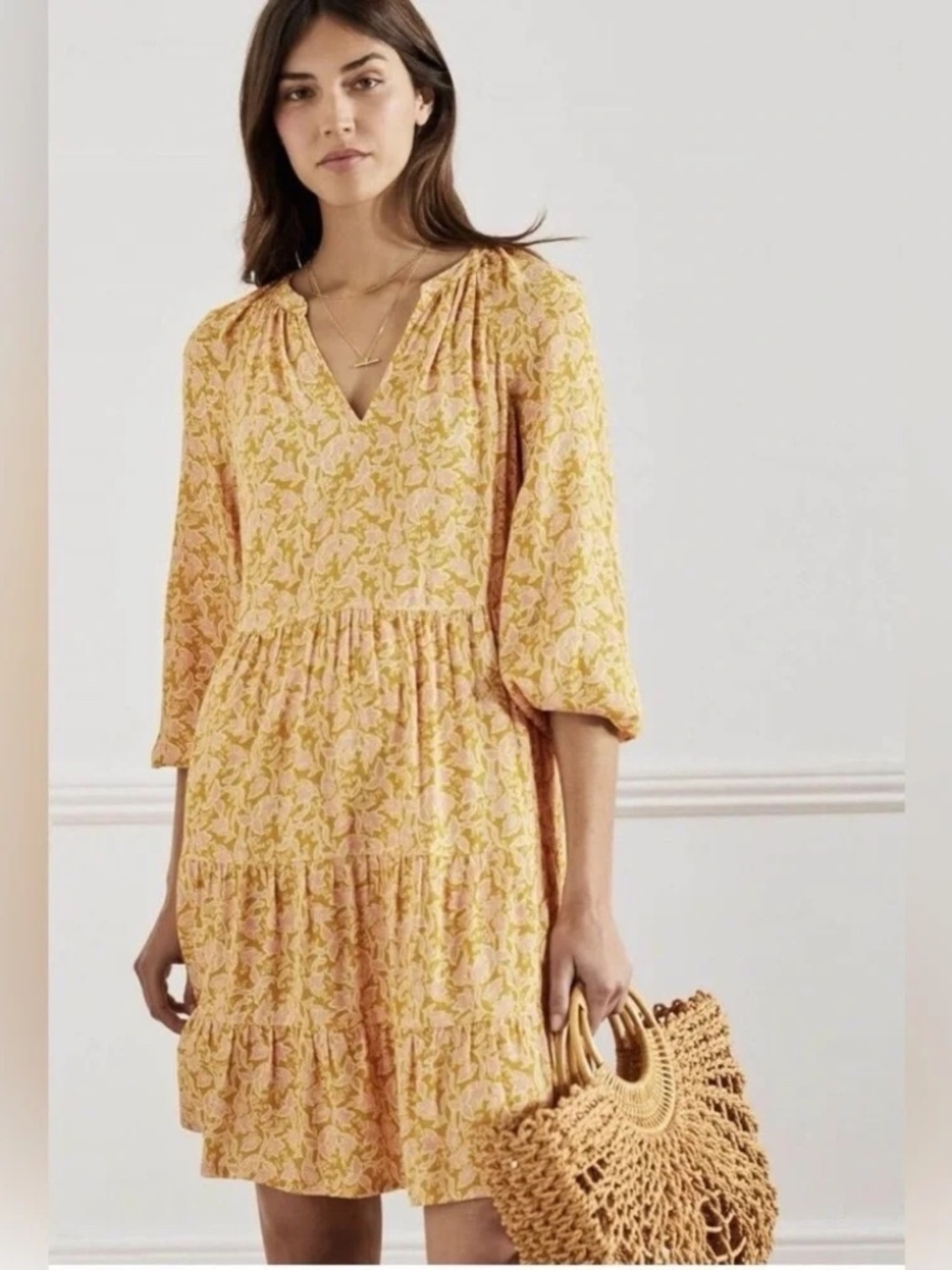 BODEN Floral Notch Neck Tiered Dress Size 8 Yellow Pink Viscose